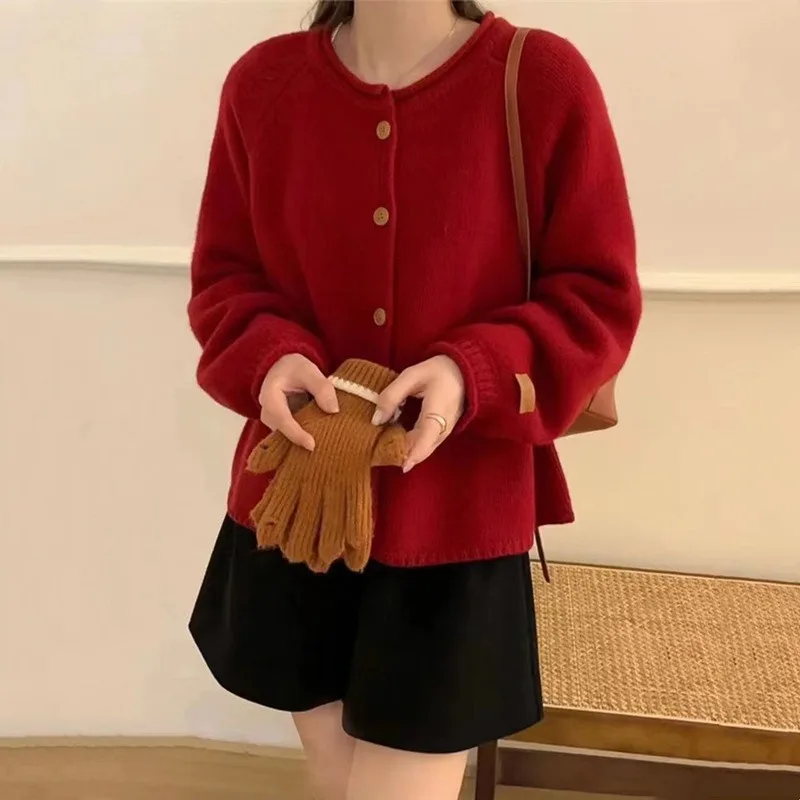 

Women Chic Red Christmas Cardigan O-Neck Single Breasted Sweater Jackets New Loose Casual Knit Cardigans Autumn Winter Sweater