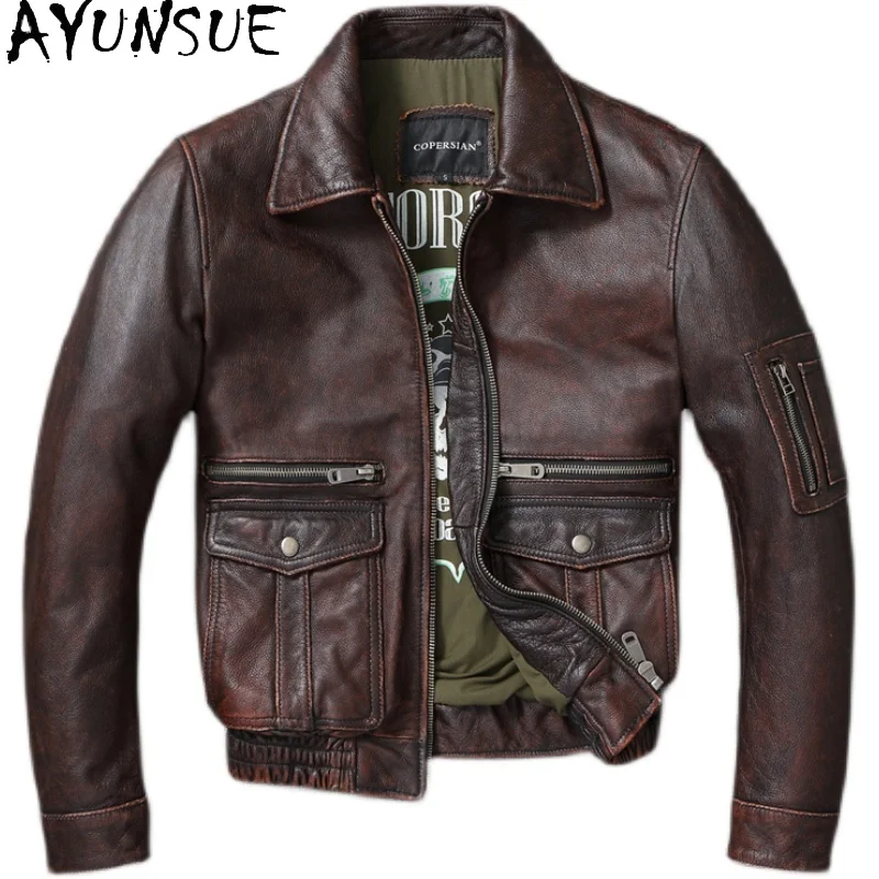 

AYUNSUE Mens Leather Jacket Real Cowhide Short Coat Autumn Men Clothing Lapel Collar Bomber Jacket Size S-6XL Cazadoras Hombre