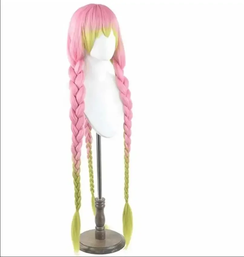 Anime kanroji mitsuri kimetsu no yaiba cosplay perücken rosa grün gradient synthetisches hitze beständiges haar