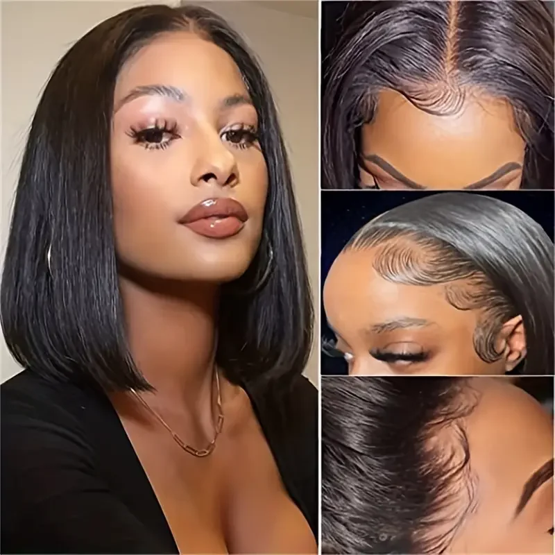 Osso em linha reta curto bob perucas 100% perucas de cabelo humano usar e ir sem cola peruca dianteira do laço brasileiro frente do laço perucas de cabelo humano 180%