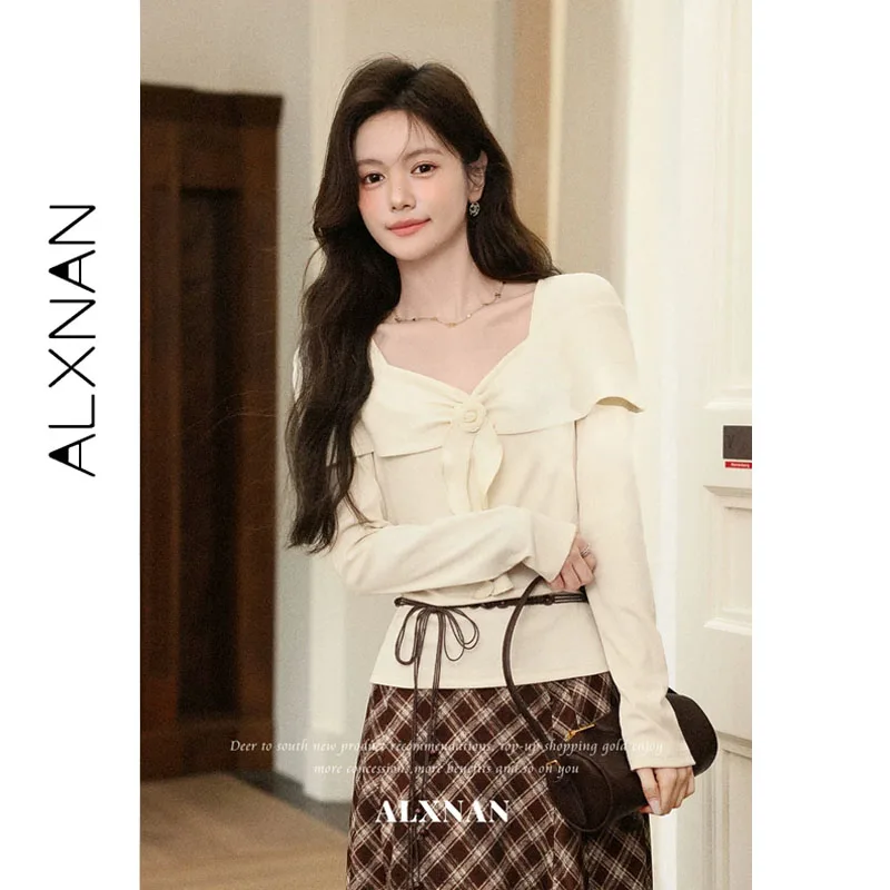 ALXNAN Long Sleeve T‑shirt Women One‑shoulder 3D Flower Twist Bow Sash Design Pullover Fall Fashion Slim-fit Tops Ladies L67661