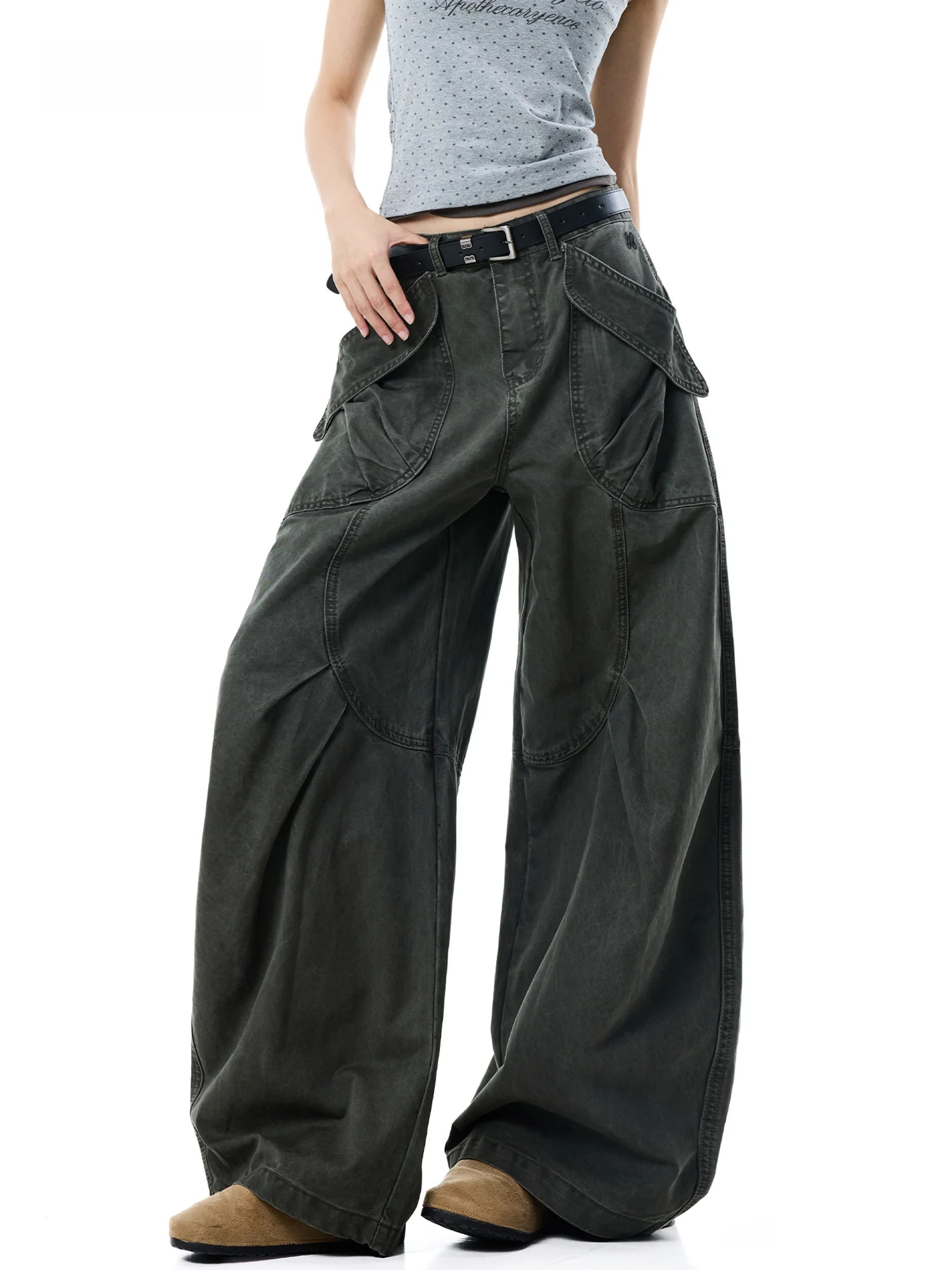 Military Green Workwear Casual Pants Women's Loose Wide Leg Multi Pocket Vintage Washed Trendy Brand Autumn High Street