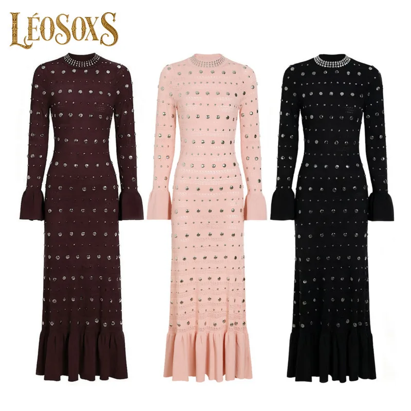 LEOSOXS Vestido maxi feminino luxuoso cravejado, punhos queimados e silhueta com babados para elegante tapete vermelho, estilo de gala, look 2025