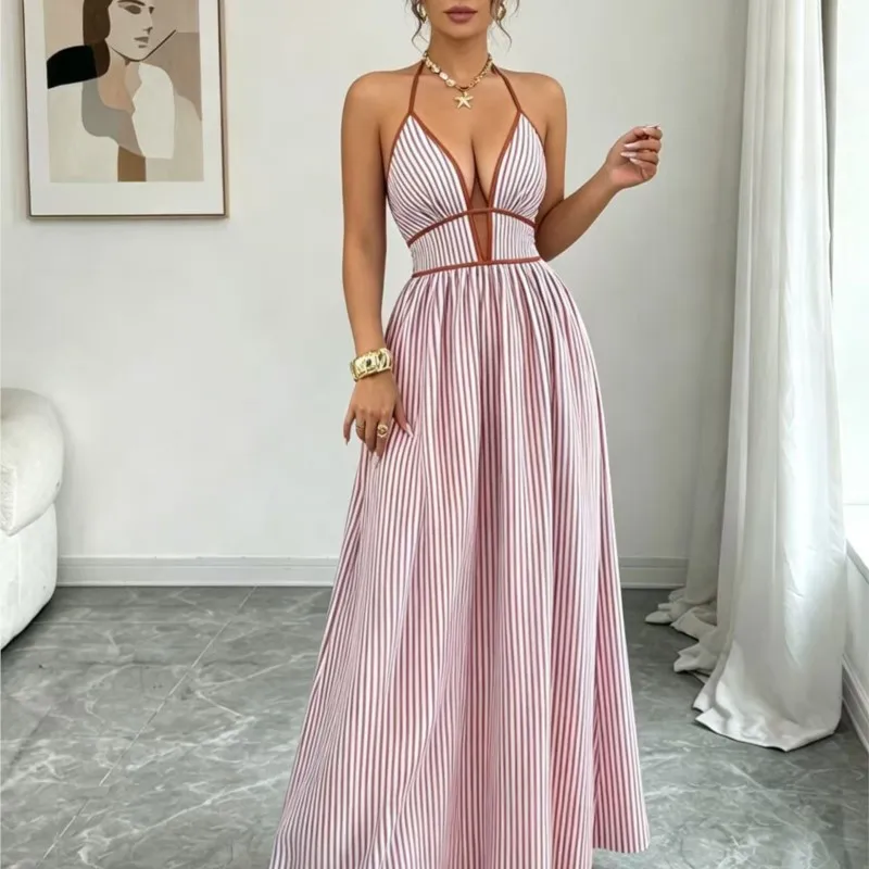 Neues Sommer Sexy Rückenfreies Neckholder-Kleid mit Tiefem V-Ausschnitt Elegantes Damen Mode Gestreiftes Ärmelloses Lässiges Strand-Urlaubskleid