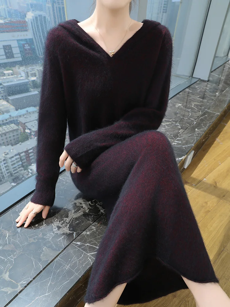 100%Pure Mink Cashmere Knitted Dress Ladies Hooded Collar Large Size Long Skirt Casual High Waist Hooded Skirts Autumn New Dress