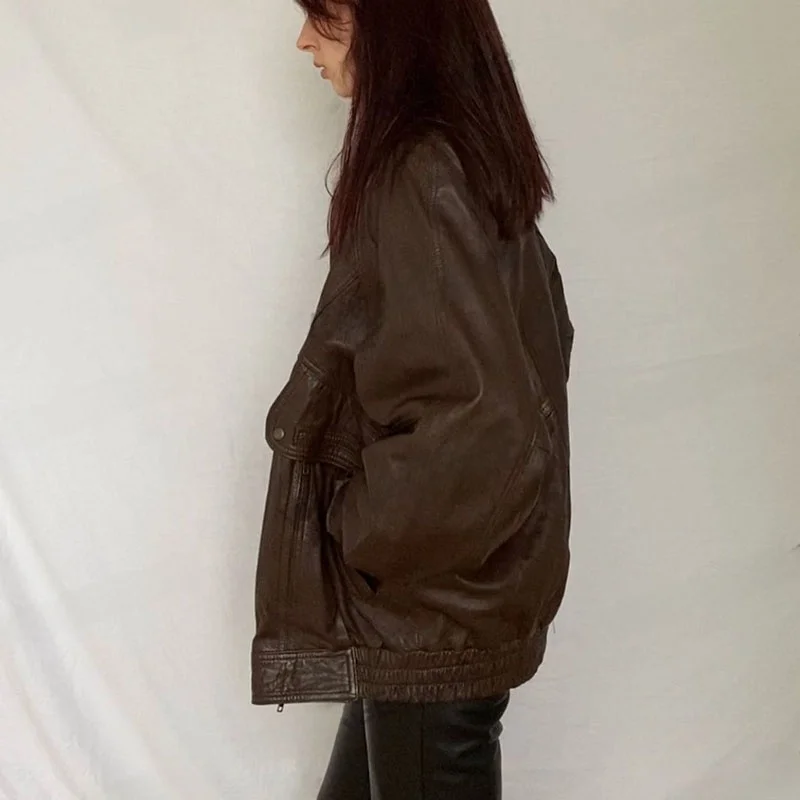 Jaet de cuero grueso marrón Retro americano para mujer, Mural de algodón para invierno, corte holgado, cierre de cremallera largo Sve