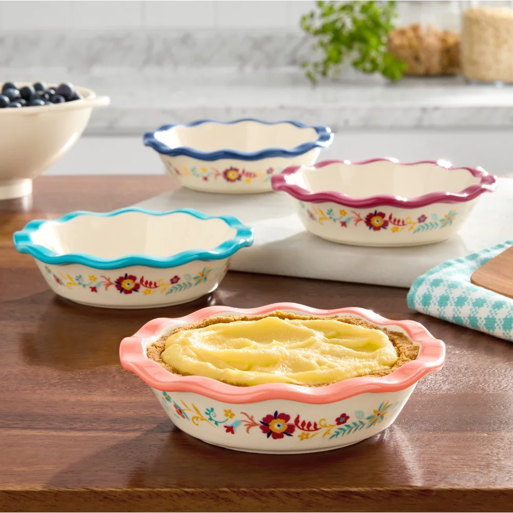 Set of 4 Durable Stoneware Mini Pie Pans with Floral Design & Ruffled Edges 3