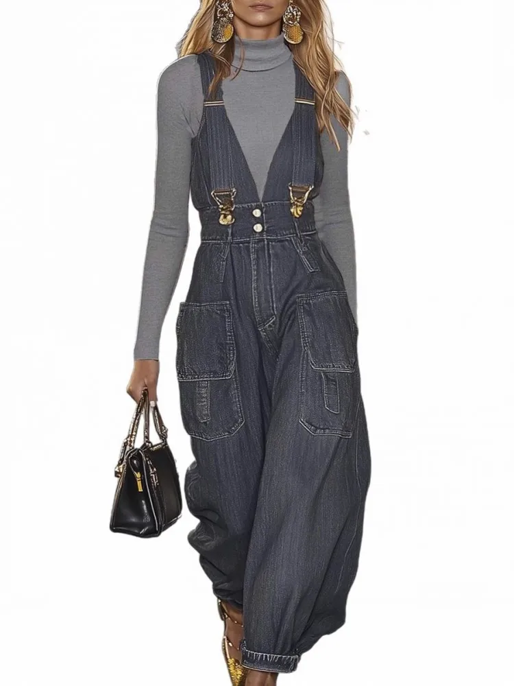 Однотонные женские комбинезоны на осень-зиму без рукавов, одинарные джинсовые свободные модные уличные комбинезоны, джинсы, брюки 2025