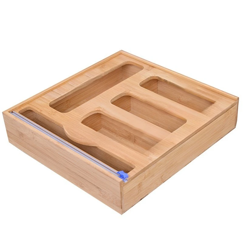 

Bamboo and wood fresh-keeping bag storage wooden box kitchen storage food storage bag dispenser