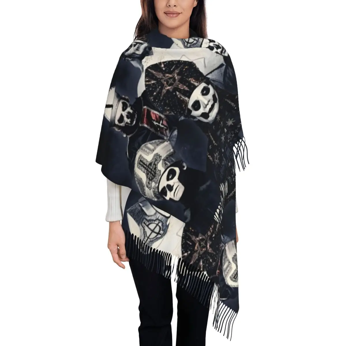

Женский шарф с кисточками Ghost Band, длинная зимняя теплая шаль, шведская рок-группа, повседневная одежда на Хэллоуин, шарфы из пашмины