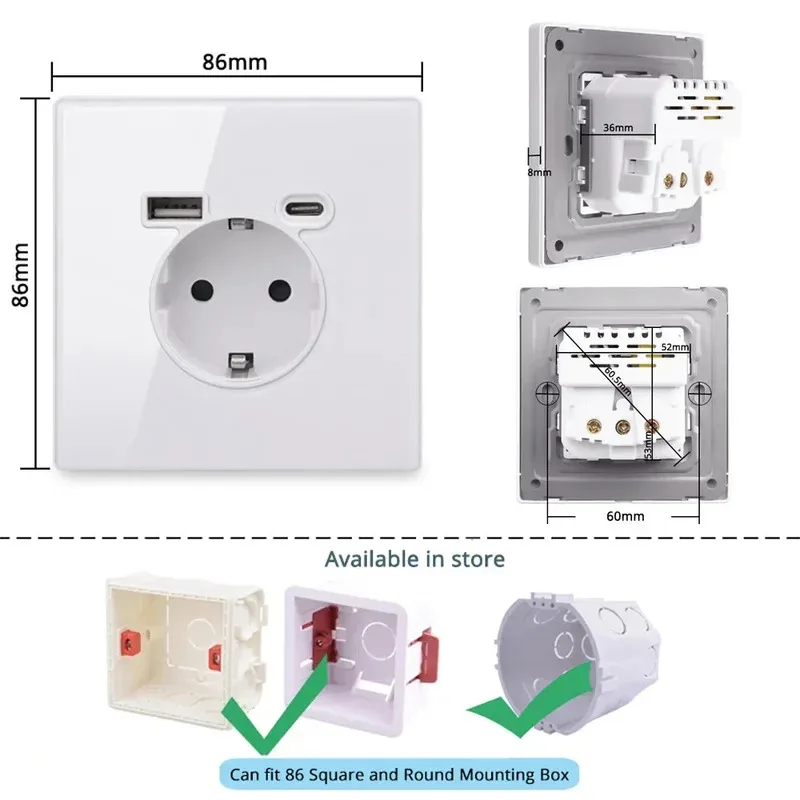 الزجاج المقسى 16A الاتحاد الأوروبي المقبس USB مقبس الحائط TypeC مقبس USB AC110V-250V 5 فولت 2100mA الحماية الأمنية ، المنزل مكتب فيلا فندق #3