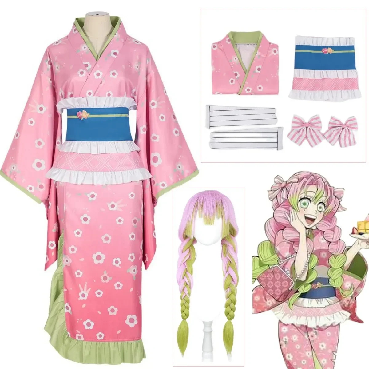 Новинка, модный костюм для косплея Kanroji Mitsuri, Розовое Кимоно, наряды, костюмы на Хэллоуин, карнавал, искусственная кожа, маскировка, женские костюмы