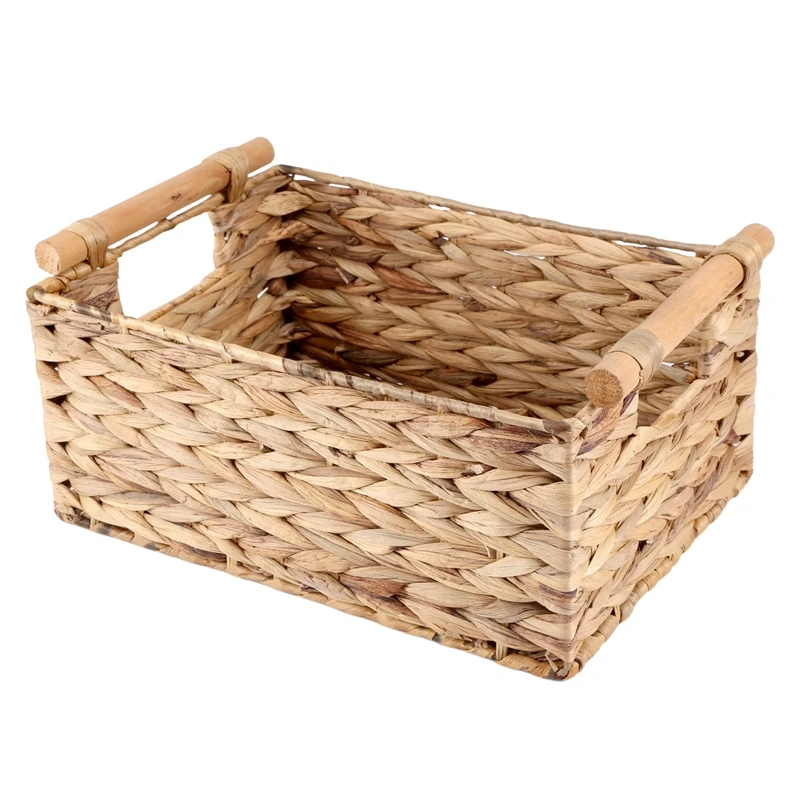 

Wicker Basket Rectangular With Wooden Handles For Shelves,Water Hyacinth Basket Storage,Natural Baskets