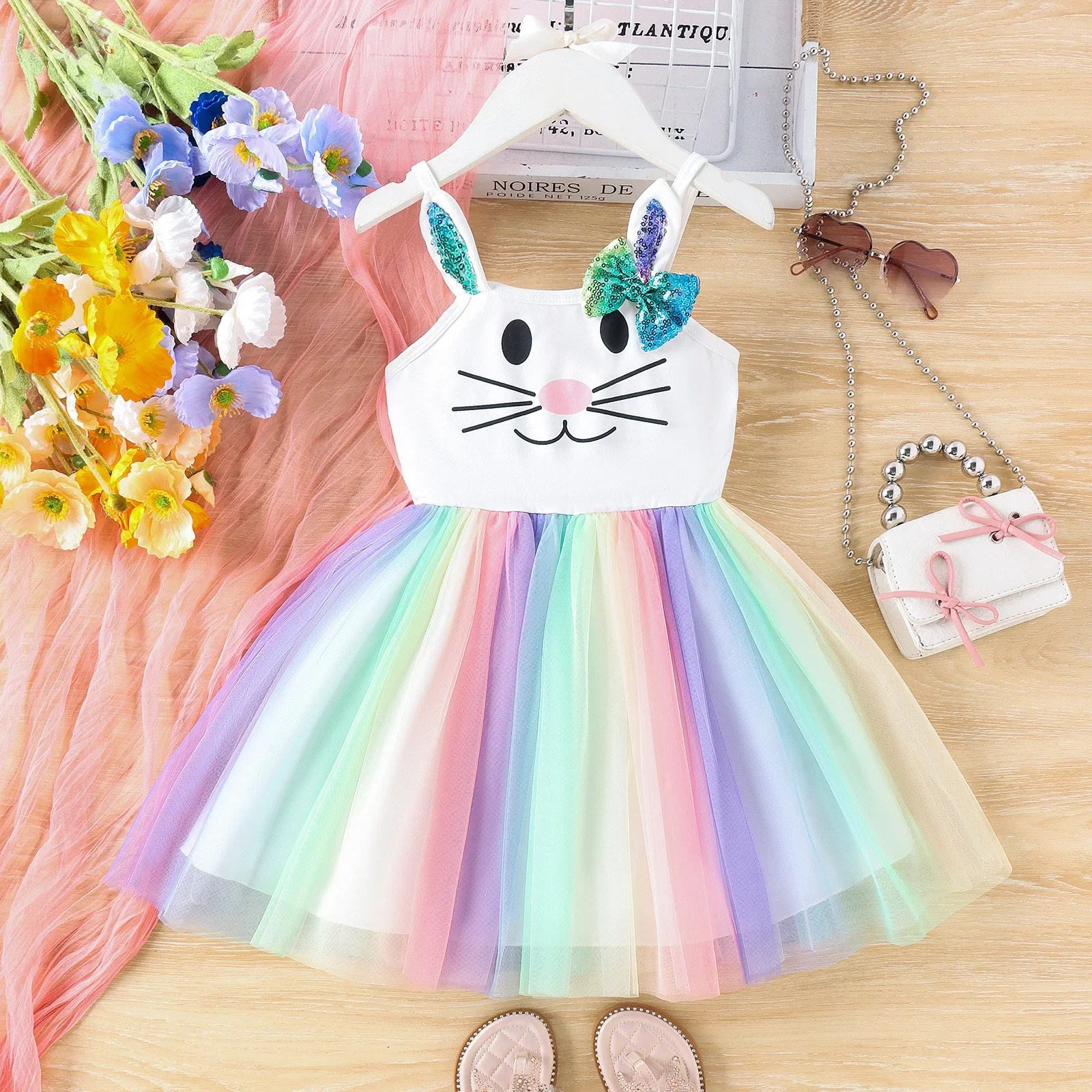 

2024 New Summer Girls Casual Sling Dress Sleeveless Cartoon Rabbit Bow Gauze Patchwork Rainbow Princess Dresses Kids Clothing