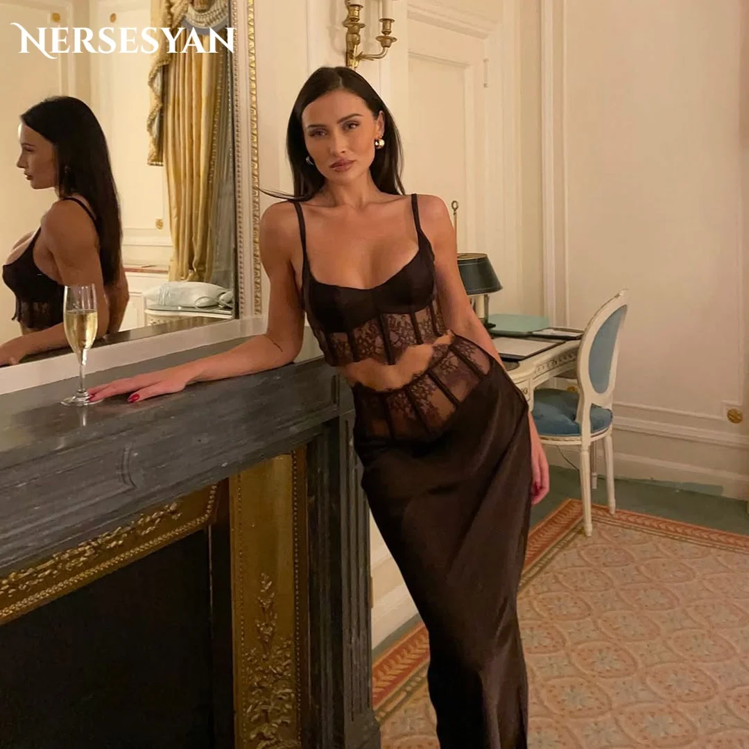 

Nersesyan 2 Pieces Lace Black Mermaid Luxury Evening Dresses Spaghetti Straps Appliques Corset Women Formal Dress Customized