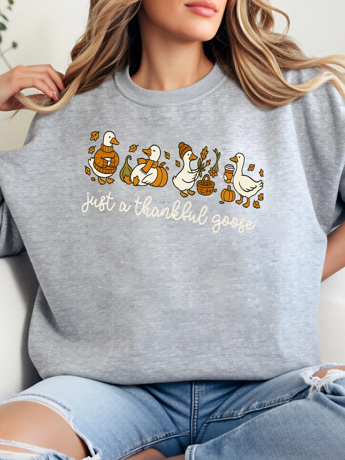 

Толстовка с принтом «Утка и тыква» Just a Thankful Goose на День Благодарения, женский повседневный осенний наряд, серый, больших размеров
