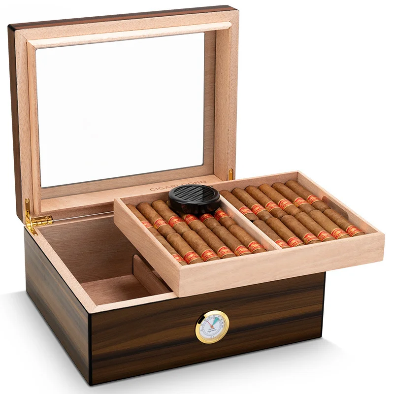 Cigar Humidor with Glass Windon,Cedar Wood , Cigar ette Storage Box Organizer Accessories