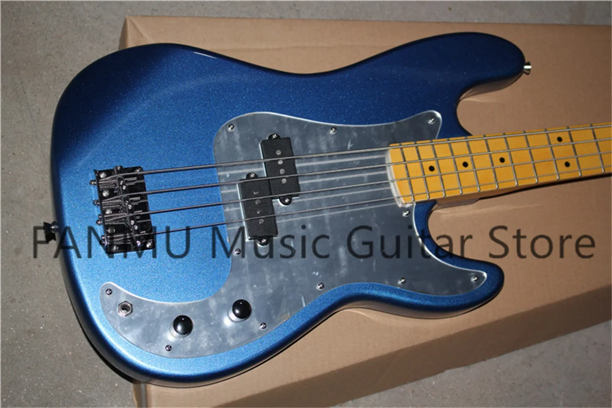 Black bass, 4 strings electric bass guitar,metal blue,metal red body,maple neck mirror pickguard,chrome tuners,fixed bridge