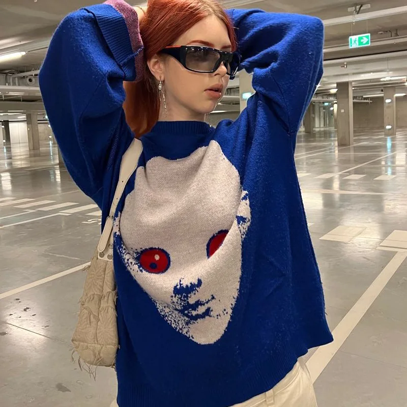 Deeptown Y2k Gothic Knitted Sweater Women Harajuku Printed Oversized Pullover American Fashion Autumn New Streetwear Hip Hop