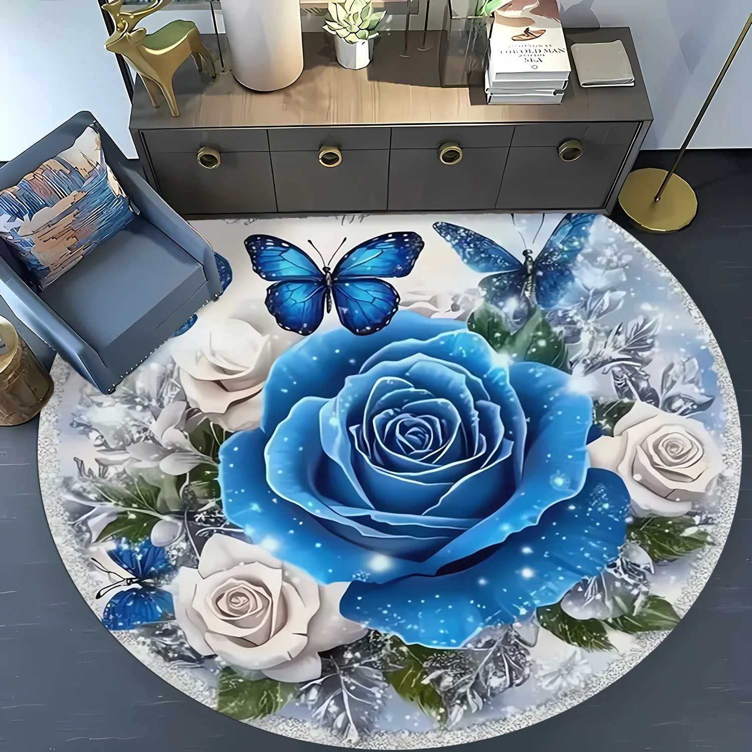 

Элегантный круглый коврик с цветочным принтом синей розы и бабочки для гостиной и спальни, домашний декор
