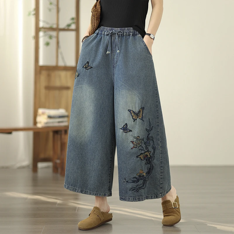 Ethnic Sle Heavy Embroidery Wide Leg Jeans Dstring Soft Denim Slim Fit High Waist Nine Points Summer Thin Women's Pants