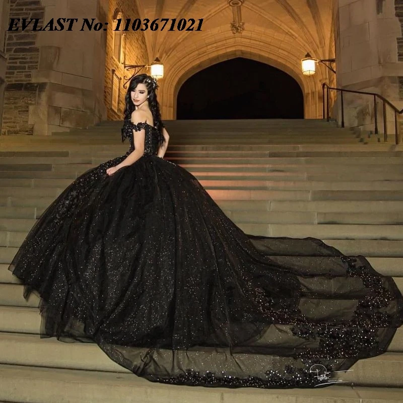 EVLAST disesuaikan gaun gaun dansa Quinceanera hitam gaun manik-manik Applique renda mengkilap korset manis 16 Vestidos De XV 15 Anos SQ34