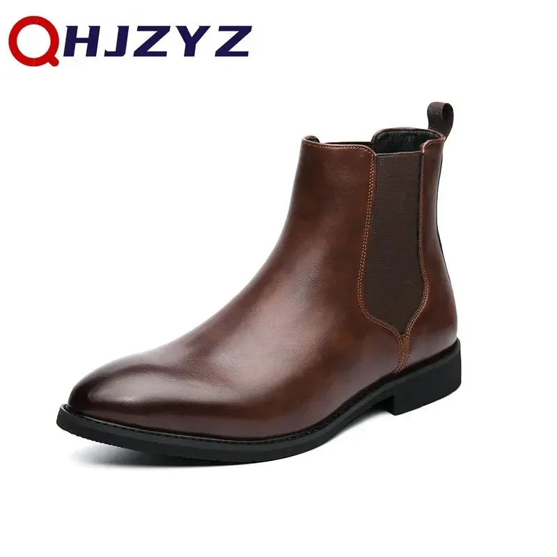 Męskie skórzane botki Chelsea marki 2025, designerskie włoskie buty wizytowe, modne męskie botki codzienne, ciepłe pluszowe biznesowe botki do kostki, duży rozmiar 48