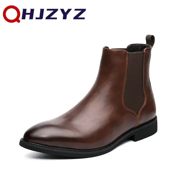 Męskie skórzane botki Chelsea marki 2025, designerskie włoskie buty wizytowe, modne męskie botki codzienne, ciepłe pluszowe biznesowe botki do kostki, duży rozmiar 48