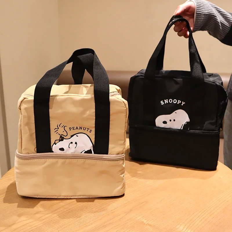 Japan Double Insulated Bento Bag Cartoon Cute Snoopy Layered Picnic Lunchbox Tote Mom HandBag Insulated Canvas Lightweight Balck