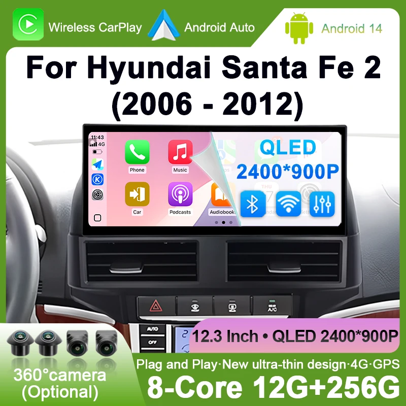 Android 14 Carplay Auto Car Radio For Hyundai Santa Fe 2 2006 2007 2008 2009 2010 2011 2012 WIFI BT Multimedia Player Stereo DSP