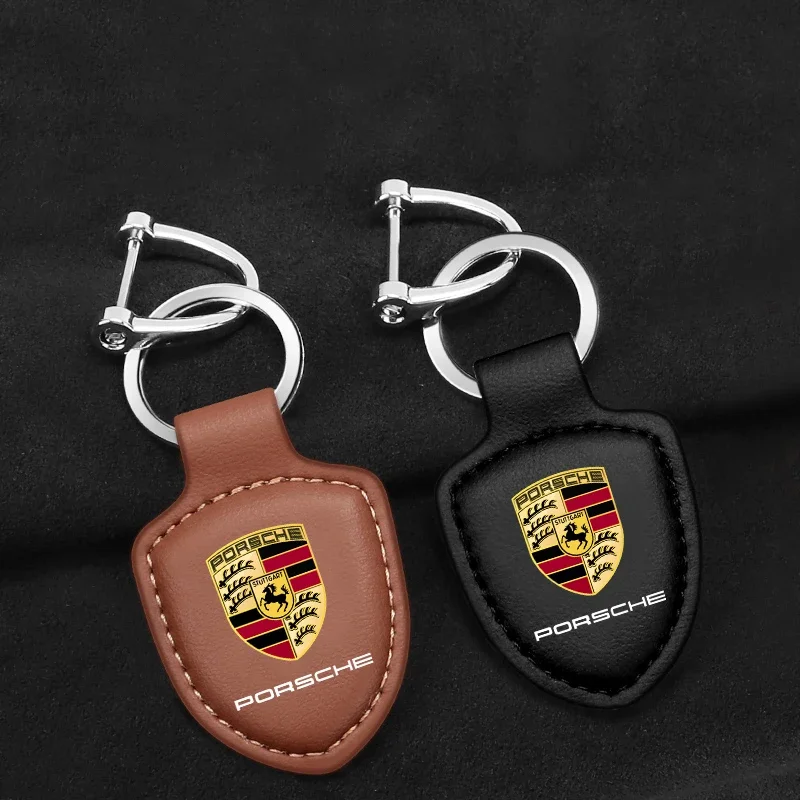 Leather Car Keychain Shield Type Key Ring For Porsche Panamera Cayenne Taycan 911 718 Macan Carrera-GT 928 944 968 944 Accessory