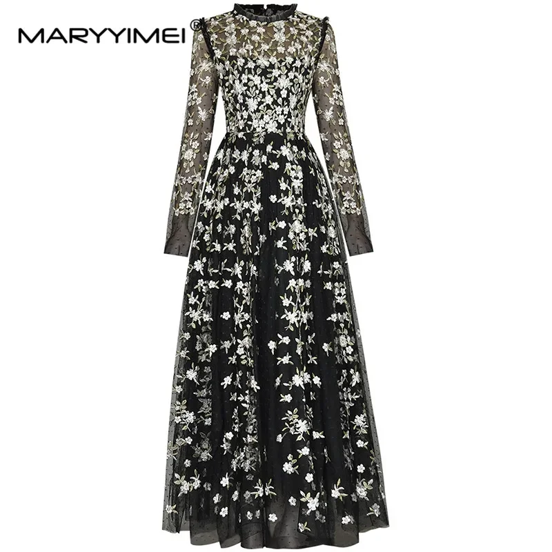 

MARYYIMEI Fashion Designer dress Autumn Winter Women's Dress Long sleeve Flower Embroidery Mesh Black Vintage Party Dresses