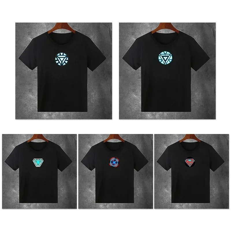 Светящаяся футболка для взрослых, костюмы супергероев Ironmanes для косплея, светодиодная батарея, голосовое управление, светящиеся топы с короткими рукавами, детская зарядка, яркая