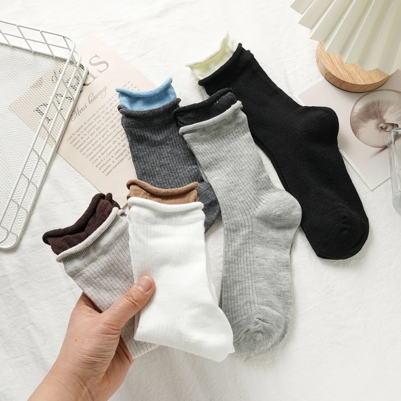 Women\'s Socks New Simple Solid Color Breathable Fake Two Pieces Fashoin Cotton Socks Striped Comfortable Autumn Middle Tube Sock