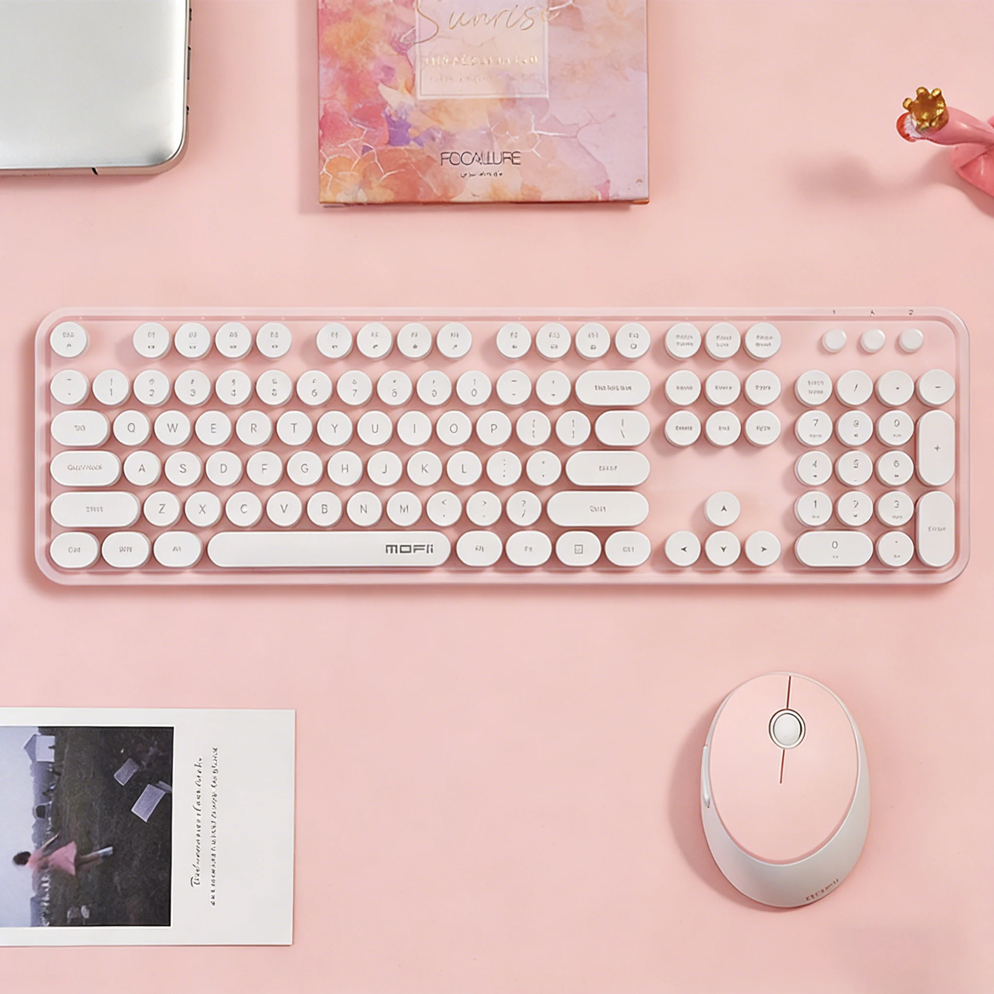 MOFii 1 Set Sweet - Combo de Teclado y Ratón Inalámbricos, Teclas Redondas Retro Blancas y Rosas, Diseño Bonito para Chicas, Distribución QWERTY Estadounidense
