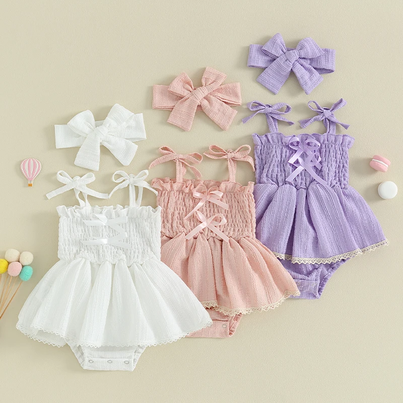 Summer Baby Girls Rompers Solid Cotton Infant Romper Ruffles Sleeveless Newborn Infant Playsuit Jumpsuits Headband Baby Clothes