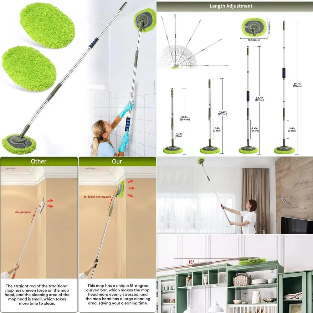 

Extendable 66 Wall and Ceiling Mop with 15° Elbow, High Reach Brush, and Baseboard Cleaner