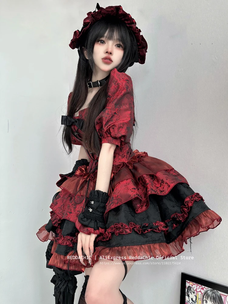 REDDACHiC Gothic Lolita Bow Pin Lace-up Corset Top Puff Sleeves Shrug Jacket Ruffle Mini Cake Skirt Underskirt Women Dress Set