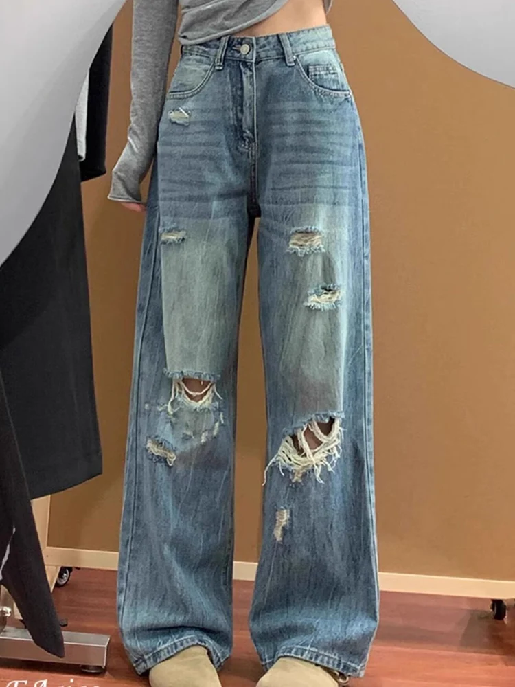 

Y2K High Waisted Jeans Blue Ripped Loose Fit Slimming Straight Leg Washed Denim for American Women