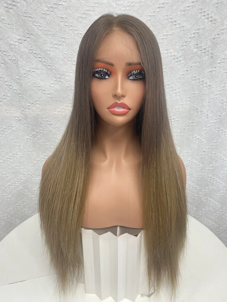 HD Lace Frontal Wig 100% Raw Hair Ombre Light Brown Color 24 Inches Long Straight Hair Full Volume Density Jewish Wig