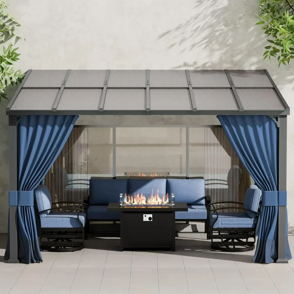 

10'x 12' Hardtop Pergola, Wall Mounted Lean To Gazebo with Curtains and Netting, Galvanized Metal Frame, Sunshade, Gazebos