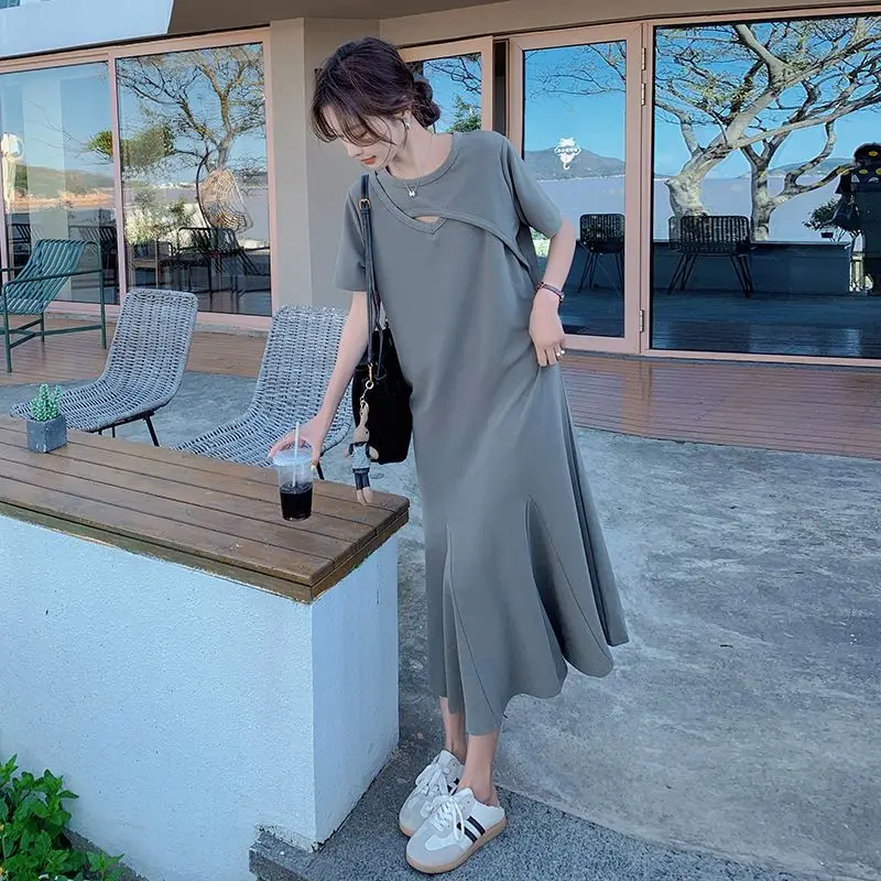 เดรสเสื้อยืดทรงหลวมแบบเรียบง่า - Korean Style A Line Shirt Dress บทวิจารณ์และราคา