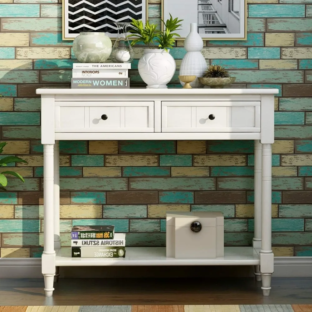 

Ivory Classic Wood Narrow Console Table with Drawers and Bottom Shelf for Entryway Hallway Front Door