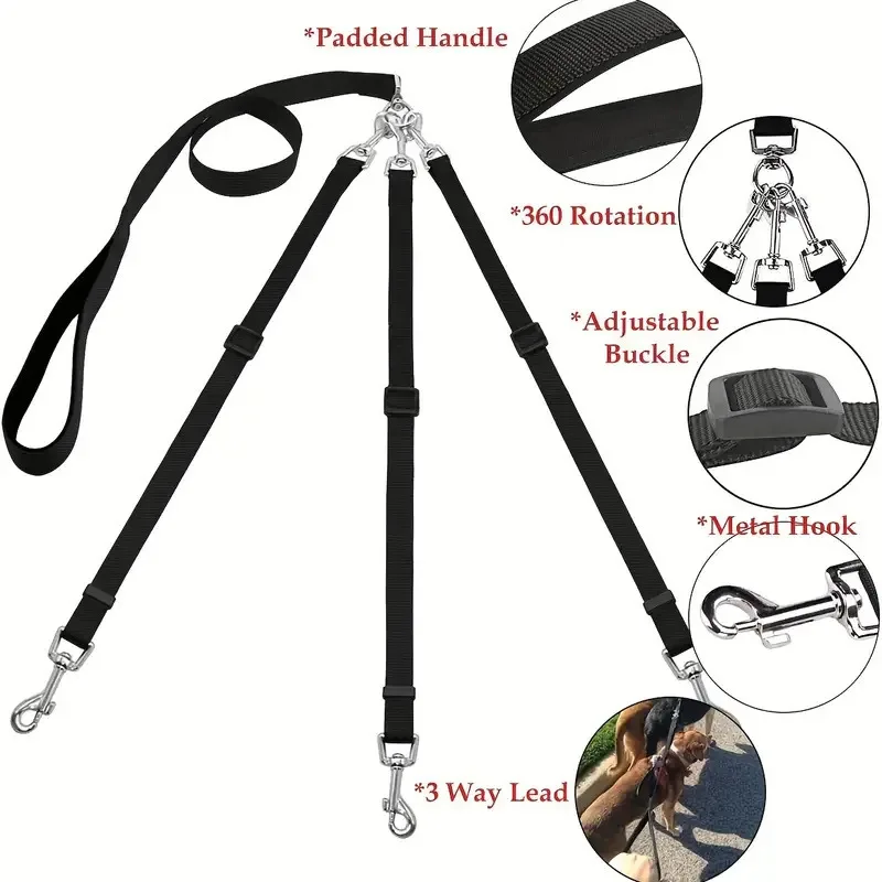 3 Way Adjustable Dog Leash Anti-Tangle Triple Dog Walking Lead Padded Handle 360° Swivel Metal Hooks For Small Medium Large Dogs
