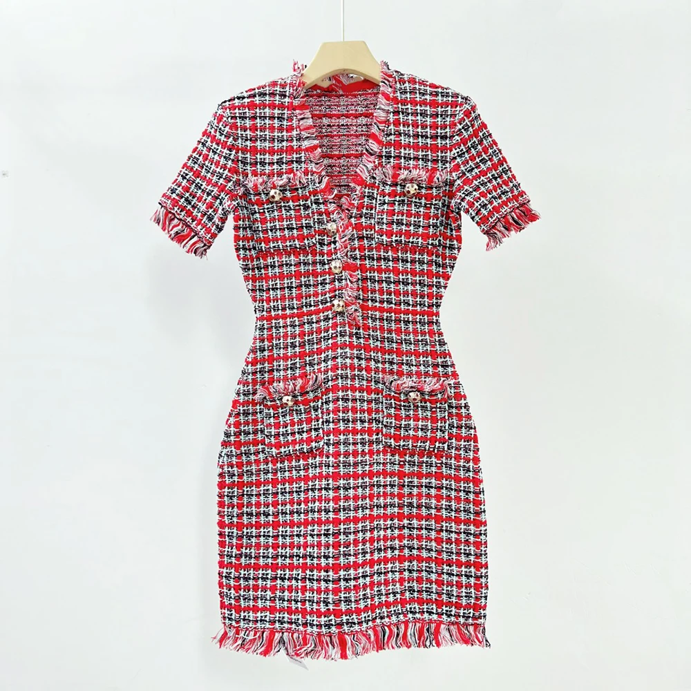 Damen-Baumwollmisch-Tweed-Kleid, kariert, V-Ausschnitt, kurze Ärmel, goldene Knöpfe, Bleistiftkleid, elegantes Party-, Club- und Pendlerkleid für Damen.