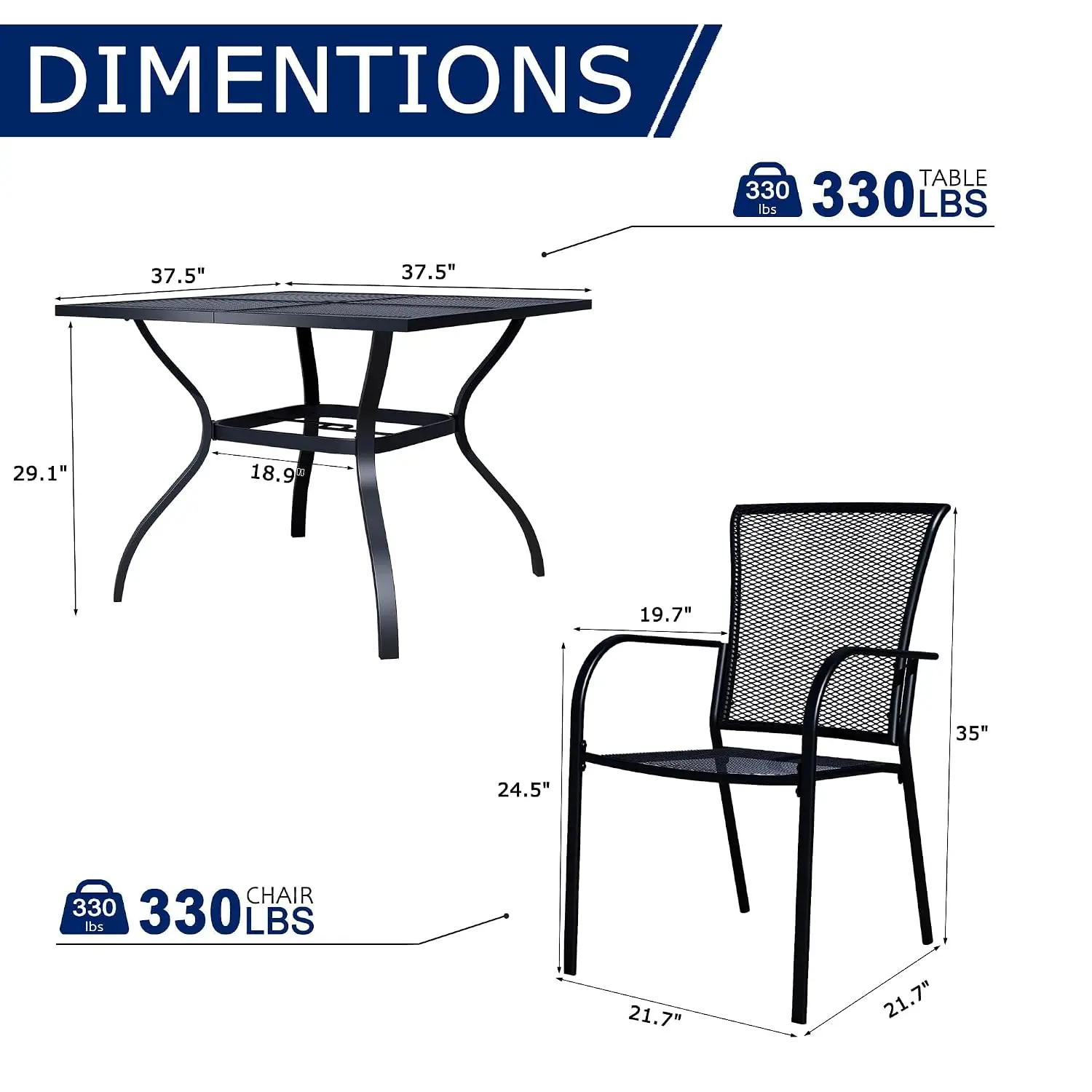 5 Piece Outdoor Dining Set, Patio Table & 4 Metal Stackable Chairs, 37.5