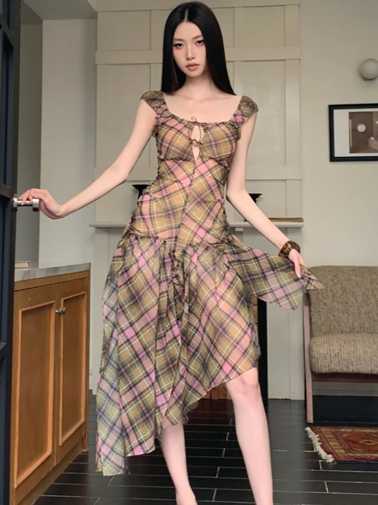 Sommerliches kariertes Chiffon-Kleid: Schickes, rückenfreies, sexy Sling-Kleid für Damen – Elegantes Bandage-Freizeitkleid 2026 im koreanischen Bodycon-Stil, luxuriöses Abendkleid