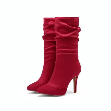 Jeans Denim Flock Material Pointed Toe Sexy Stilettos Pink Nude Color Super Thin High Heels Mid-calf Pleated Design Women Boots