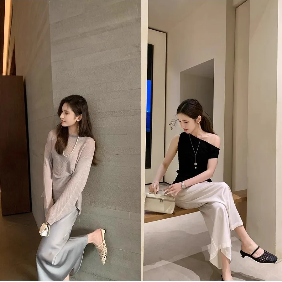 2024 donne francesi punta quadrata scava fuori maglia tacco basso mezze pantofole ragazza moda estate sandalo Sexy