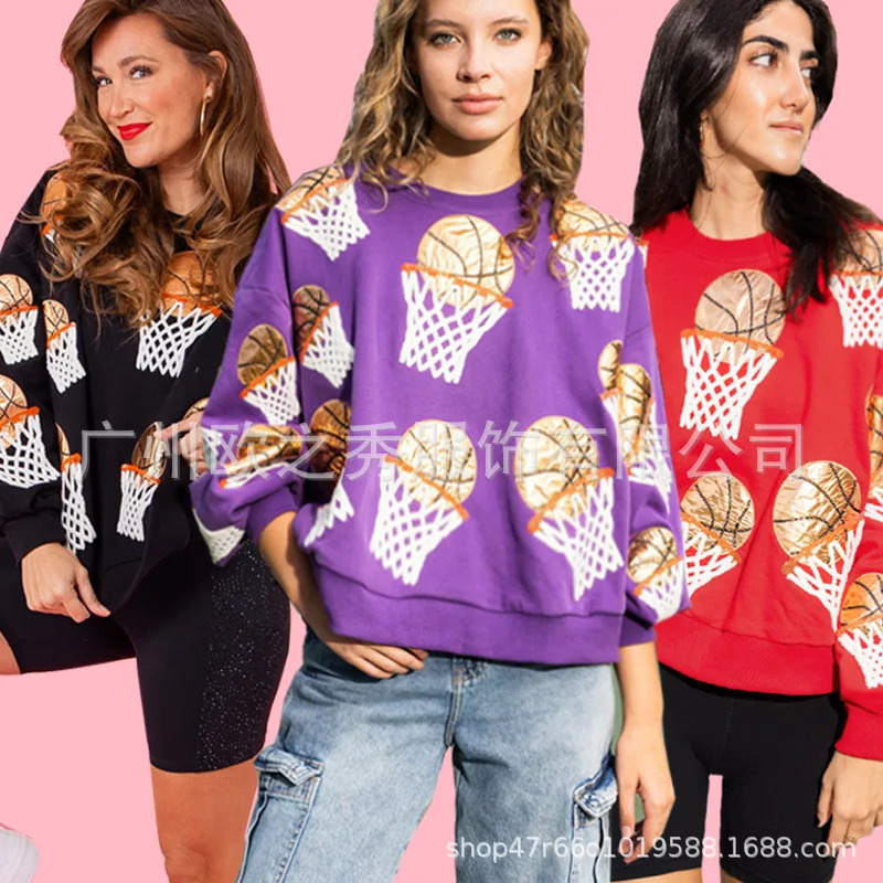 New Shooting Sequins Embroidery Hoodie Y2k Clothes 2000s O-neck Long Sleeves Top Women's Sportswear Design Loose Streetwear